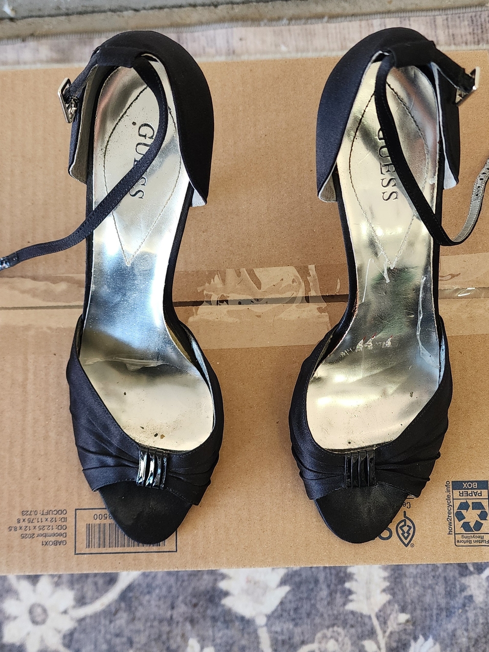 GUESS Black Satin Peep-Toe Ankle-Strap Heels